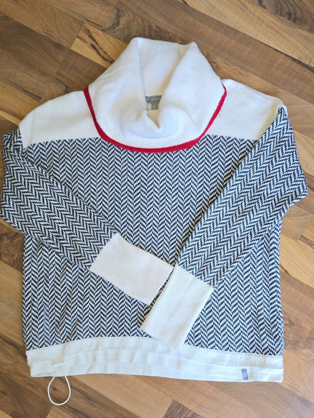 Talbots Black and White Chevron Cowl Sweater with Red Trim Sz S